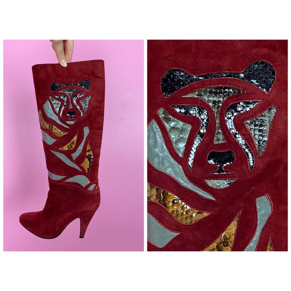 Vintage 1980s 80s Burgundy Suede Leather Boots w/ Snakeskin Andrea Carrano 36 6
